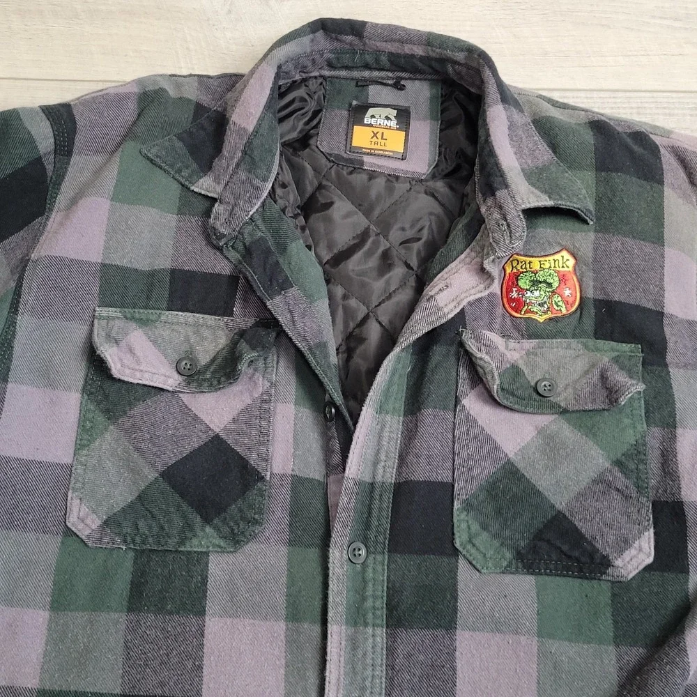 Berne Flannel Shirt Jacket Mens XL Tall Green Plaid Quilted Lining Insulated